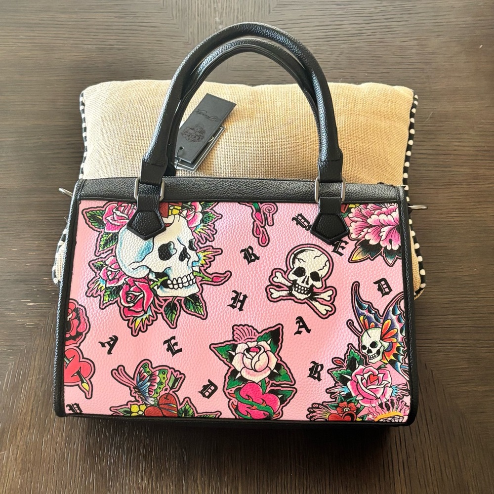 Ed Hardy Pink Skull Tattoo Satchel Bag NWT Roses Y2K Crossbody Purse - Picture 3 of 9